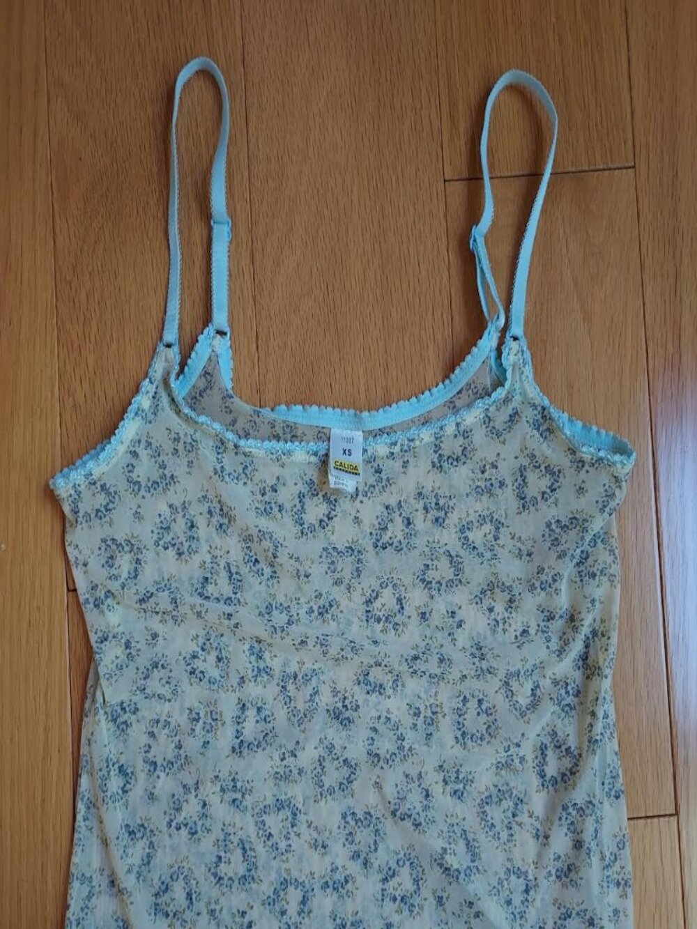 Calida Women's Sheer Camisole, Ecru & Blue Floral, VG Gently Used, Size XS